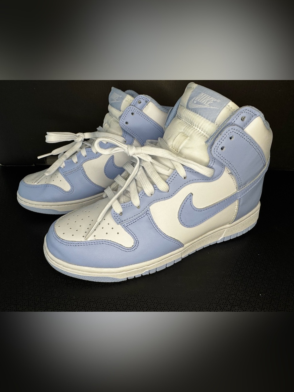 Nike Dunk High white & aluminum (light blue) US women’s size 8.5 excellent cond.